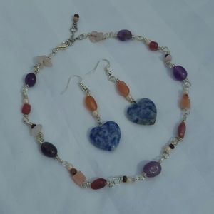 Crystal Heart Earrings & Necklace Set |Amethyst, Pink Tourmaline, Rose Quartz